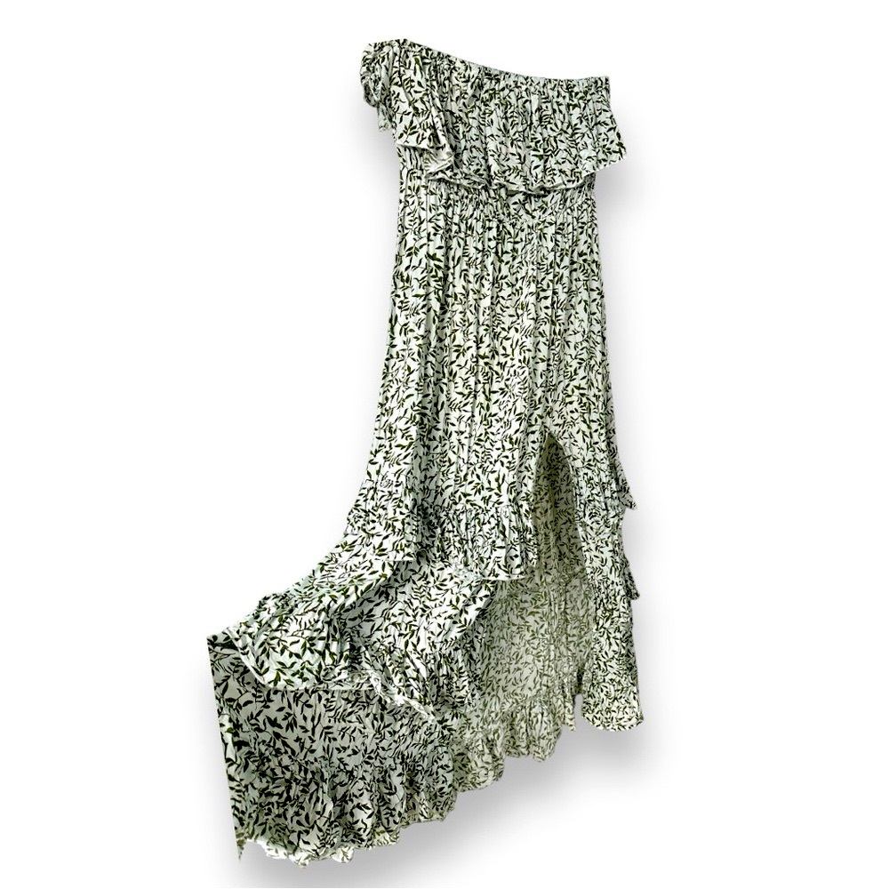 Vidarton Fall Leaves White & Green Ruffled Strapless Maxi Dress | Size Medium